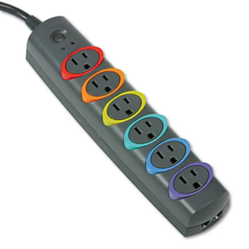 SmartSockets Color-Coded Strip Surge Protector, 6 AC Outlets, 7 ft Cord, 945 J, Black - Surge Protectors | Kensington