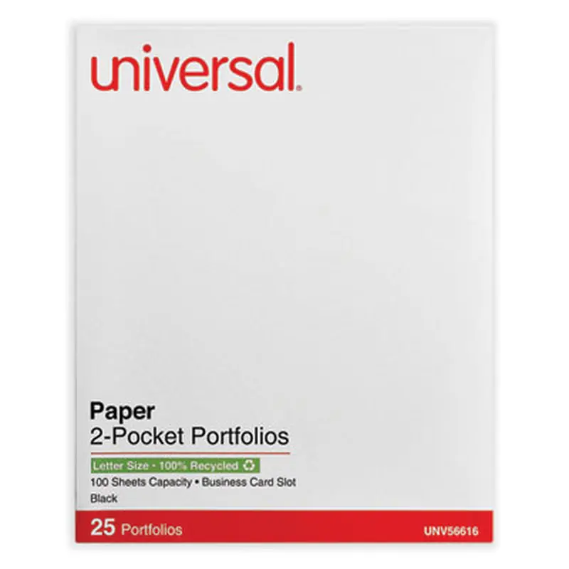 Two-Pocket Portfolio, Embossed Leather Grain Paper, 11 x 8.5, Black, 25/Box - Pocket Folders | Universal