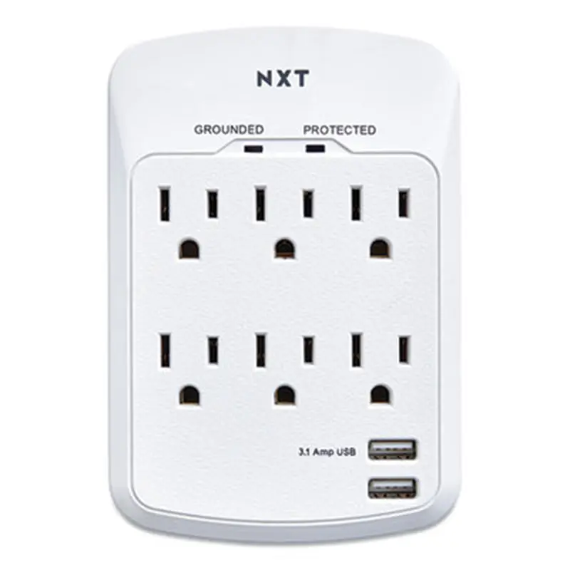 Wall-Mount Surge Protector, 6 AC Outlets/2 USB Ports, 1,200 J, White - Surge Protectors | NXT Technologies