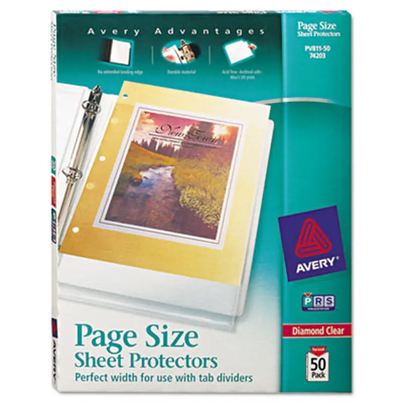 Page Size Heavyweight Three-Hole Punched Sheet Protector, Top Load 8.5 x 11 Insert, Diamond Clear Front, 50/Box - Sheet Protectors | Avery