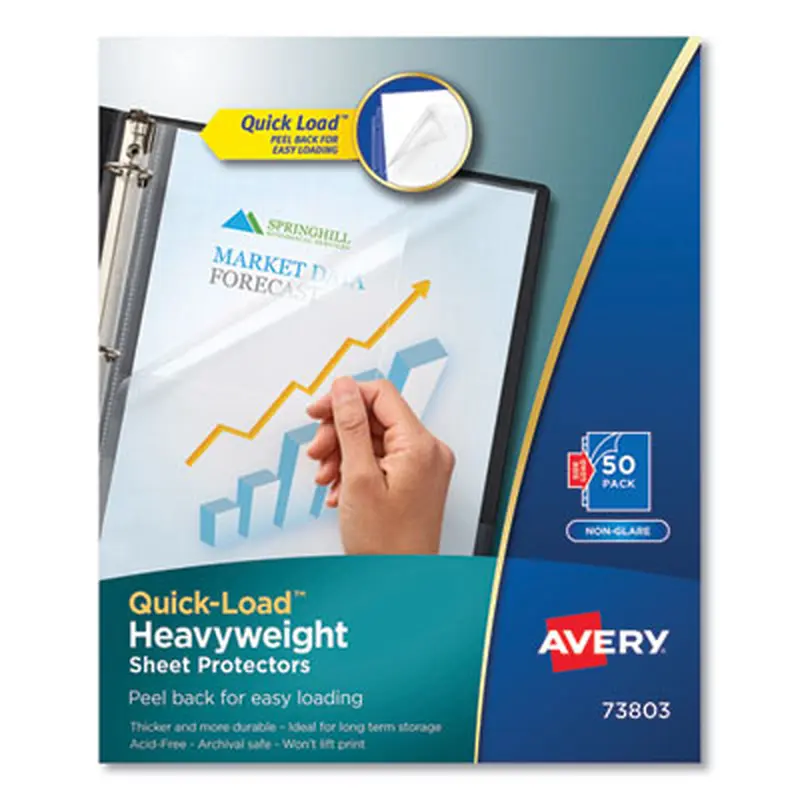 Quick-Load Heavyweight Sheet Protector, Side: 3-Hole Punched, Top/Side Load 8.5 x 11 Insert, Nonglare Clear Front, 50/Box - Sheet Protectors | Avery