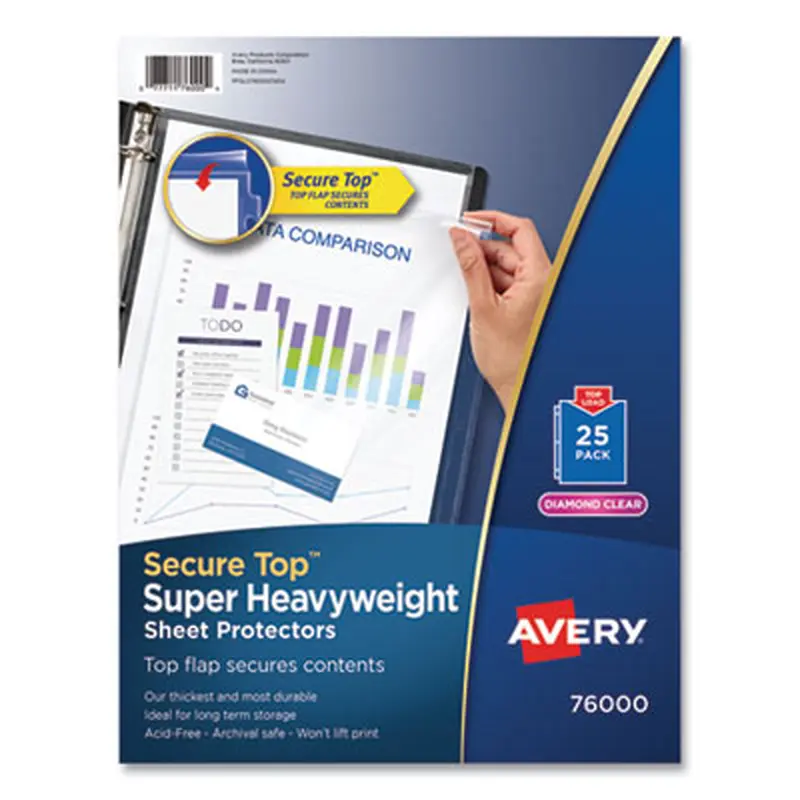 Secure Top Super Heavyweight Diamond Clear Sheet Protector, Side: 3-Hole Punched, Top Load 8.5 x 11 Insert, Clear, 25/Pack - Sheet Protectors | Avery
