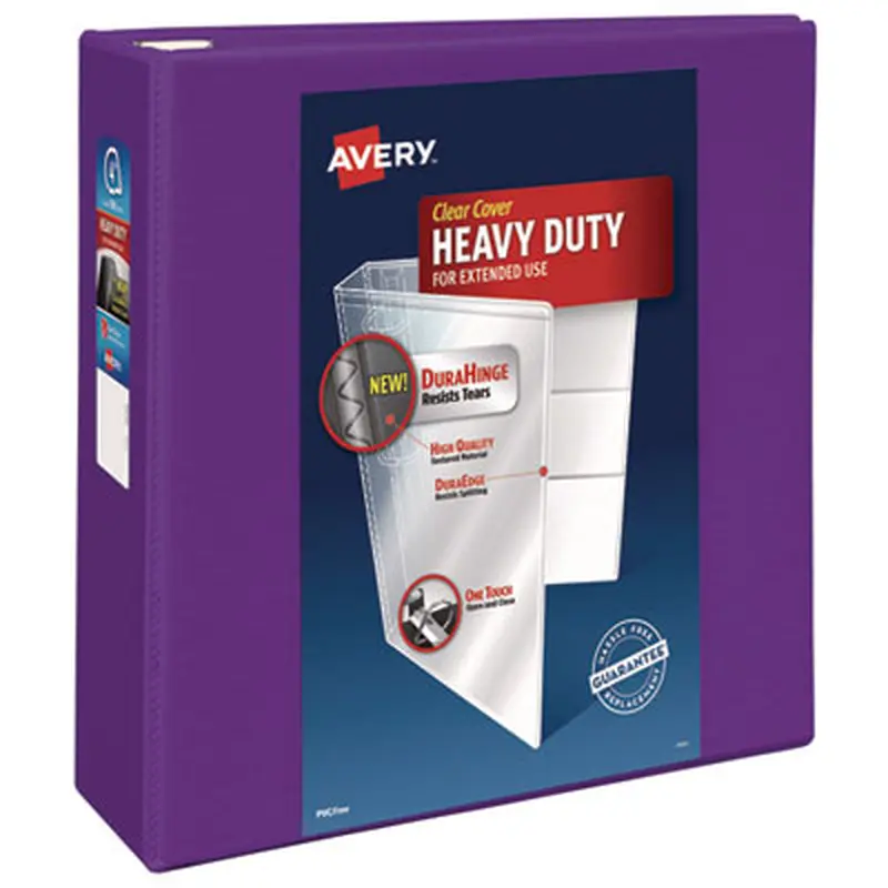 Heavy-Duty View Binder with DuraHinge and Locking One Touch EZD Rings, 3 Rings, 4" Capacity, 11 x 8.5, Purple - Binders | Avery