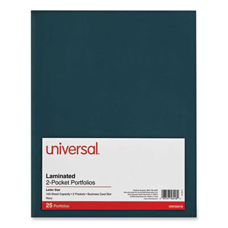 Laminated Two-Pocket Folder, Cardboard Paper, 100-Sheet Capacity, 11 x 8.5, Navy, 25/Box - Pocket Folders | Universal