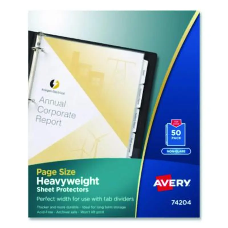 Page Size Heavyweight Three-Hole Punched Sheet Protector, Top Load 8.5 x 11 Insert, Nonglare Clear Front, 50/Box - Sheet Protectors | Avery