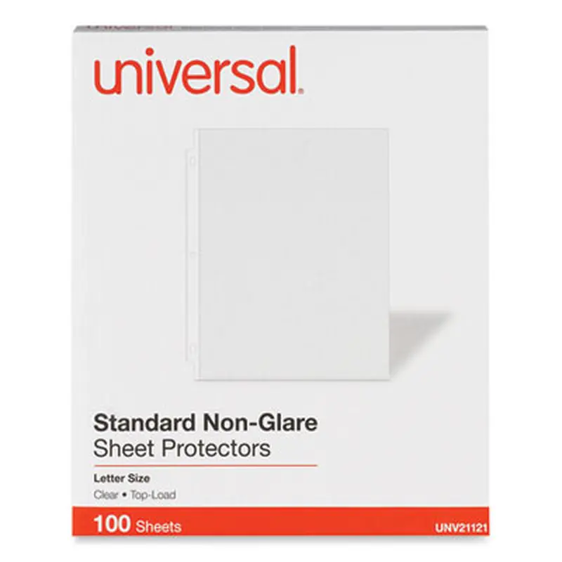 Standard Sheet Protectors, Medium-Duty, Side: 3-Hole Punched, Top Load 8.5 x 11 Insert, Nonglare Clear Front, 100/Box - Sheet Protectors | Universal