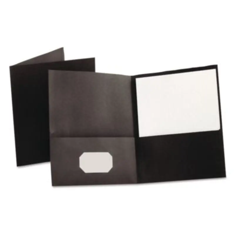 Twin-Pocket Folder, Embossed Leather Grain Paper, 0.5" Capacity, 11 x 8.5, Black, 25/Box - Pocket Folders | Oxford