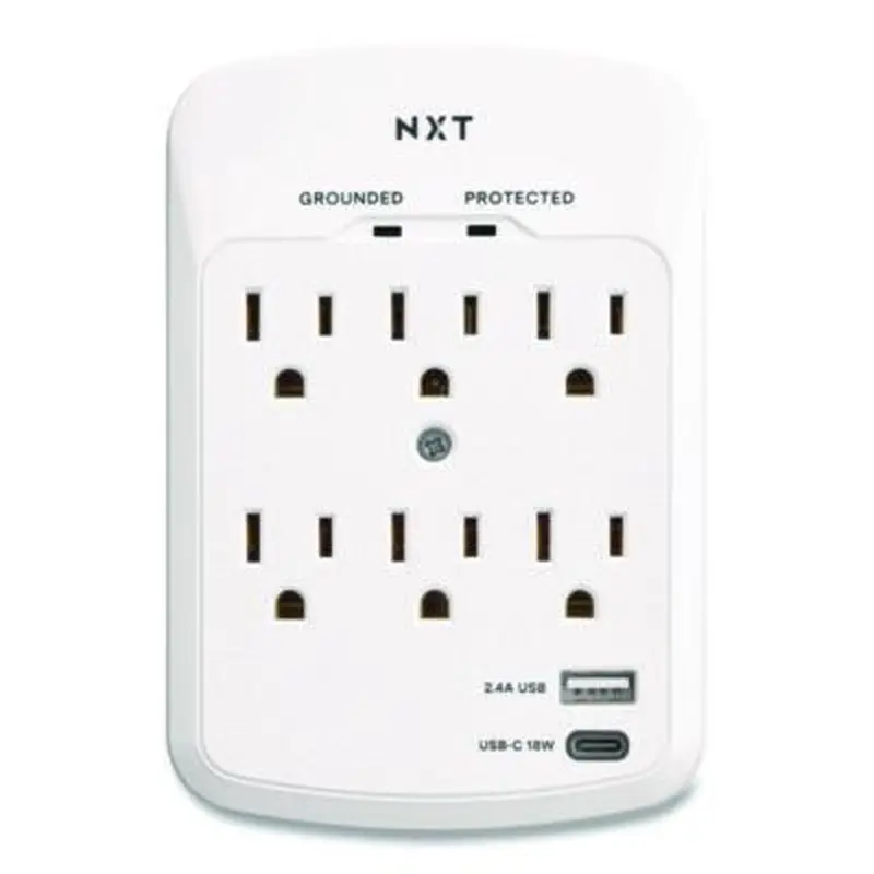 6-Outlet Plus USB Outlet Surge Protector, 6 AC Outlets/2 USB Ports, 900 J, White - Surge Protectors | NXT Technologies