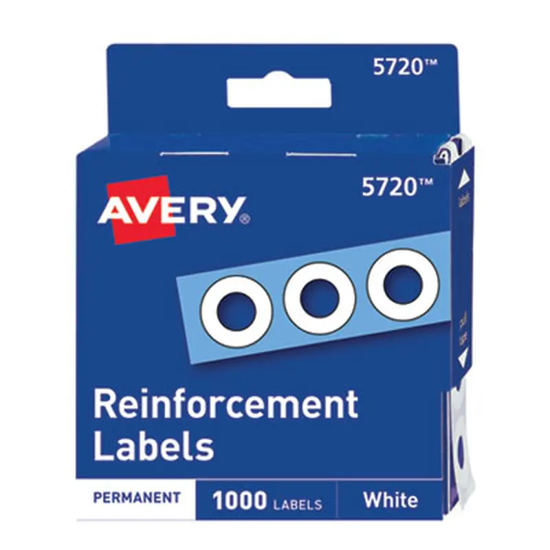 Dispenser Pack Hole Reinforcements, 0.25" Dia, White, 1,000/Pack, (5720) - Hole Reinforcement Labels | Avery