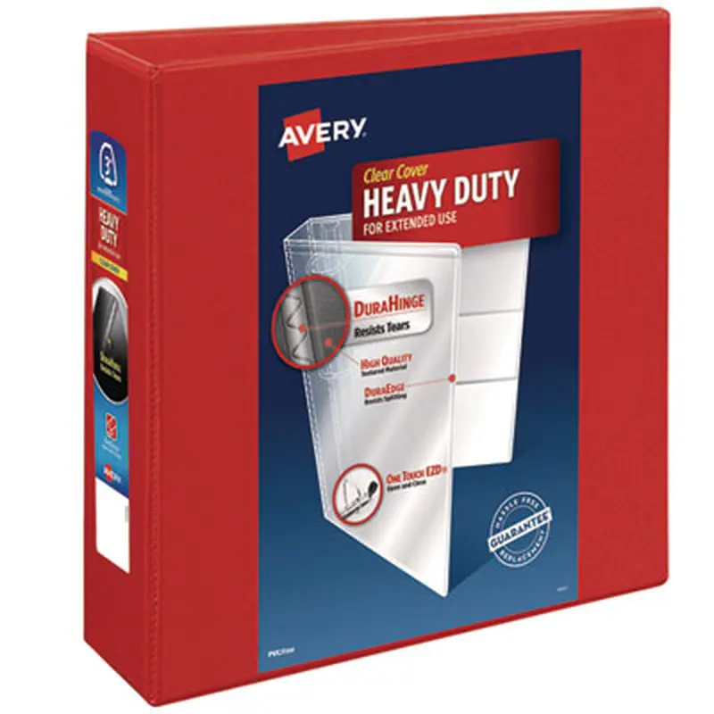 Heavy-Duty View Binder with DuraHinge and Locking One Touch EZD Rings, 3 Rings, 3" Capacity, 11 x 8.5, Red - Binders | Avery