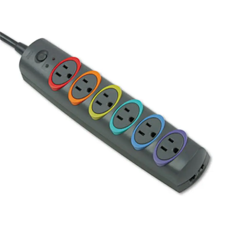 SmartSockets Color-Coded Strip Surge Protector, 6 AC Outlets, 8 ft Cord, 1,260 J, Black - Surge Protectors | Kensington