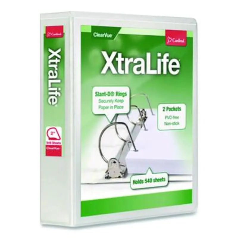 XtraLife ClearVue Non-Stick Slant-D Ring Binder, 3 Rings, 2" Capacity, 11 x 8.5, White - Binders | Cardinal