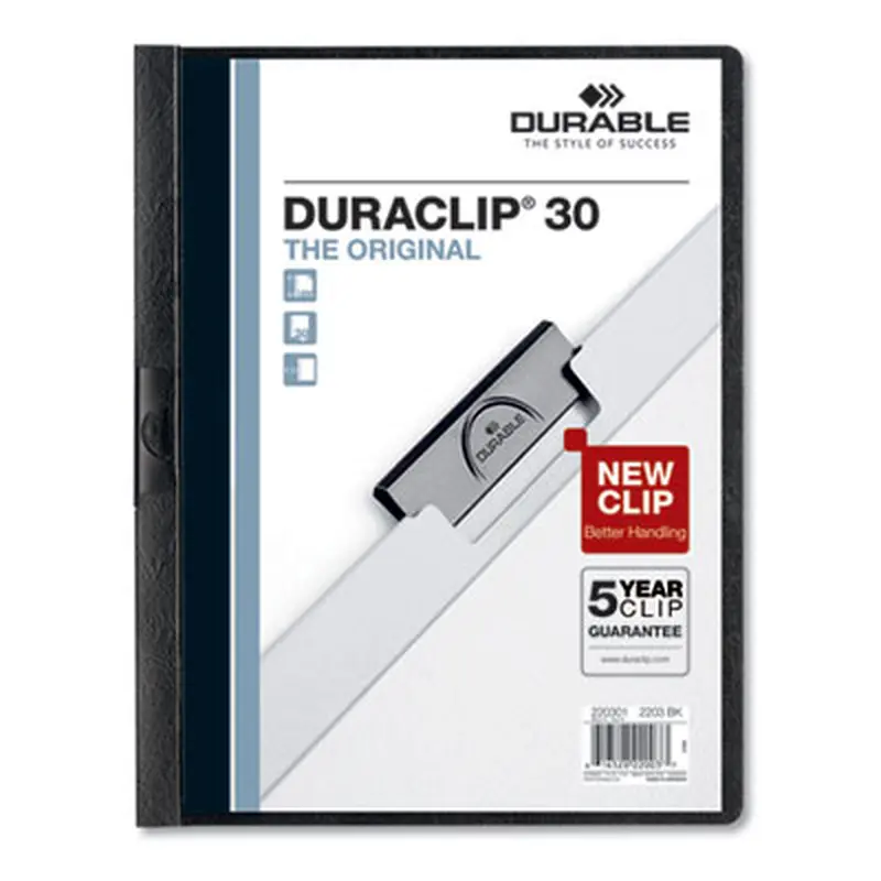 DuraClip Report Cover, Clip Fastener, 8.5 x 11, Holds 30 Sheets, Clear/Black, 25/Box - Report Covers | Durable