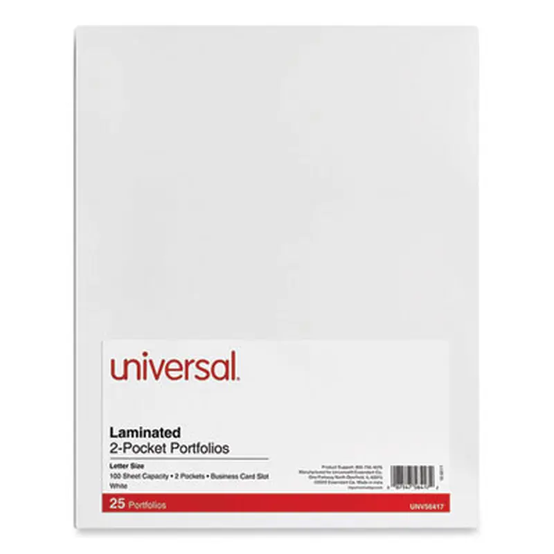 Laminated Two-Pocket Portfolios, Cardboard Paper, 100-Sheet Capacity, 11 x 8.5, White, 25/Box - Pocket Folders | Universal