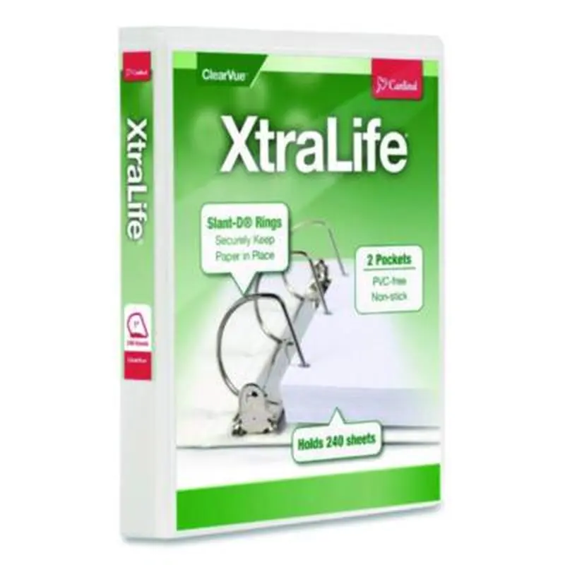 XtraLife ClearVue Non-Stick Slant-D Ring Binder, 3 Rings, 1" Capacity, 11 x 8.5, White - Binders | Cardinal