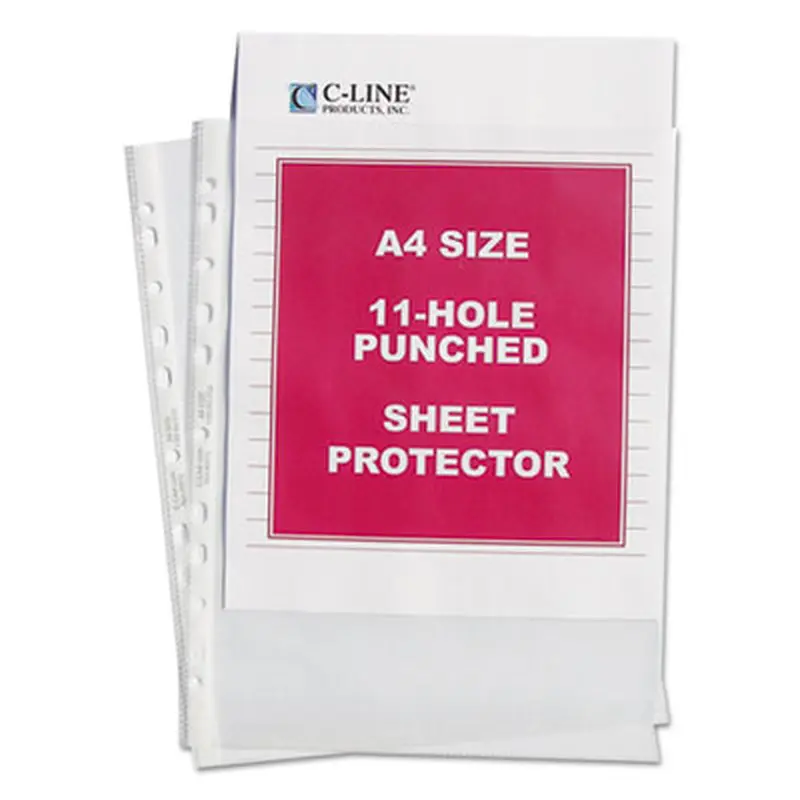 A4 Standard Weight Sheet Protectors, Medium-Duty, Side: 11-Hole Punched, Top Load 8.25 x 11.75 Insert, Clear Front, 50/Box - Sheet Protectors | C-Line