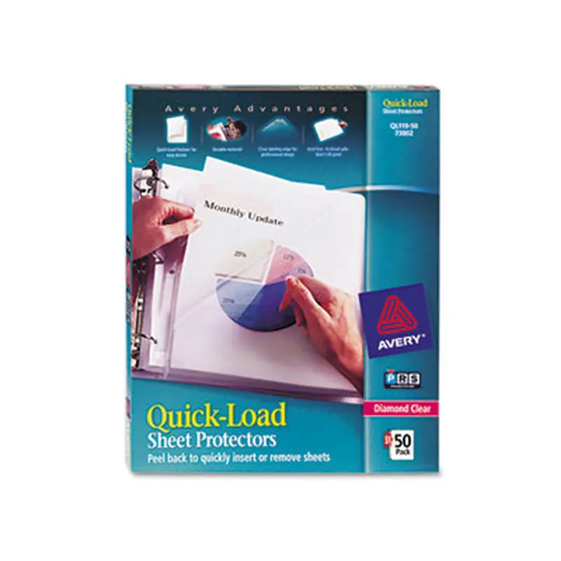 Quick-Load Heavyweight Sheet Protector, Side: 3-Hole Punched, Top/Side Load 8.5 x 11 Insert, Diamond Clear Front, 50/Box - Sheet Protectors | Avery