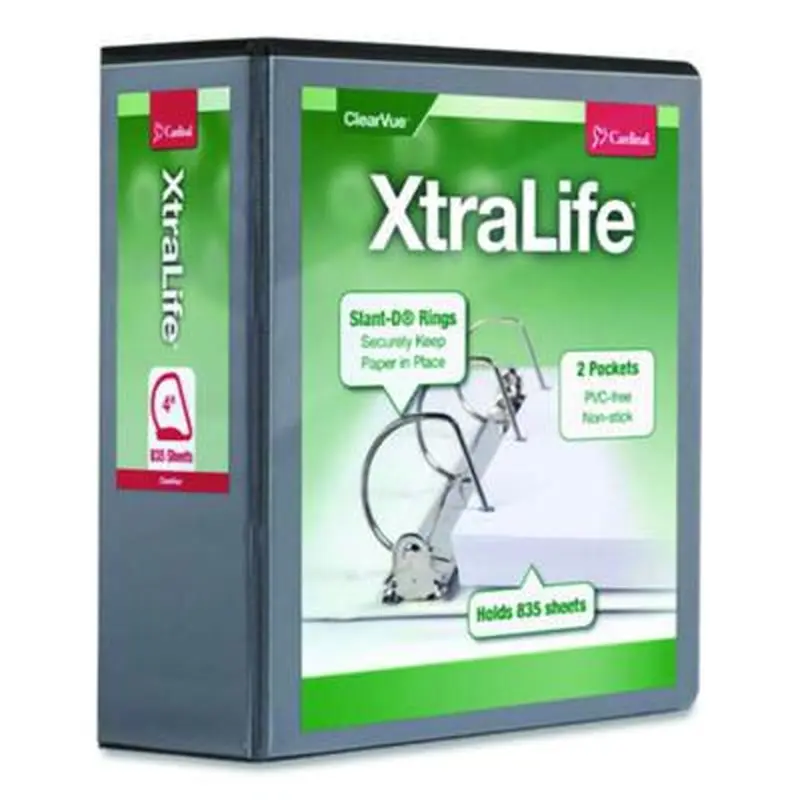 XtraLife ClearVue Non-Stick Slant-D Ring Binder, 3 Rings, 4" Capacity, 11 x 8.5, Black - Binders | Cardinal