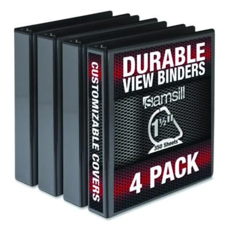 Durable D-Ring View Binders, 3 Rings, 1.5" Capacity, 11.5" x 8.5", Black, 4/Pack - Binders | Samsill