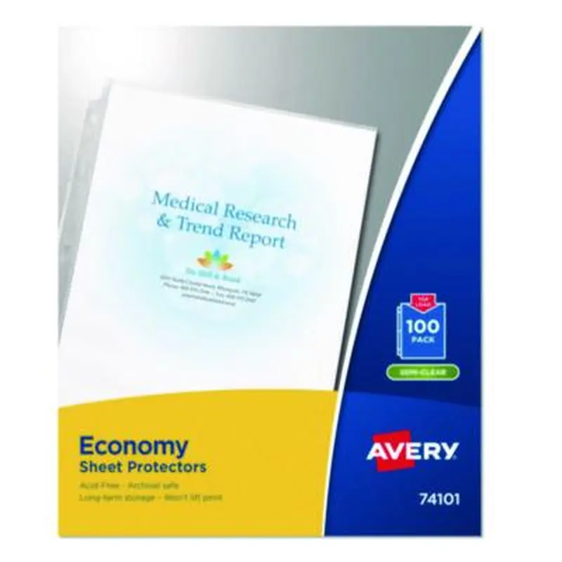 Economy Weight Sheet Protector, Light-Duty, Side: 3-Hole Punched, Top Load 8.5 x 11 Insert, Semi-Clear Front, 100/Box - Sheet Protectors | Avery