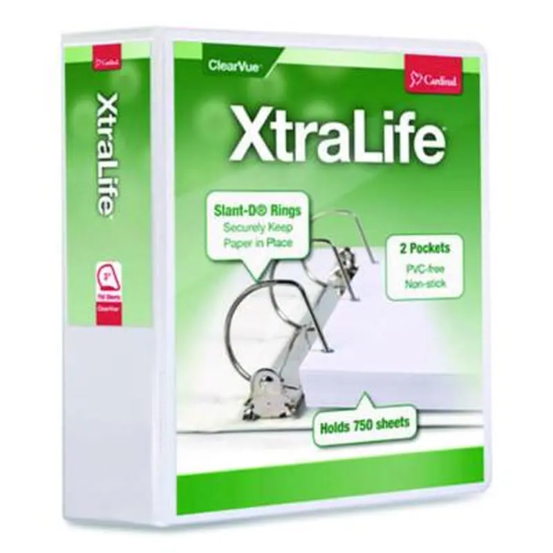 XtraLife ClearVue Non-Stick Slant-D Ring Binder, 3 Rings, 3" Capacity, 11 x 8.5, White - Binders | Cardinal