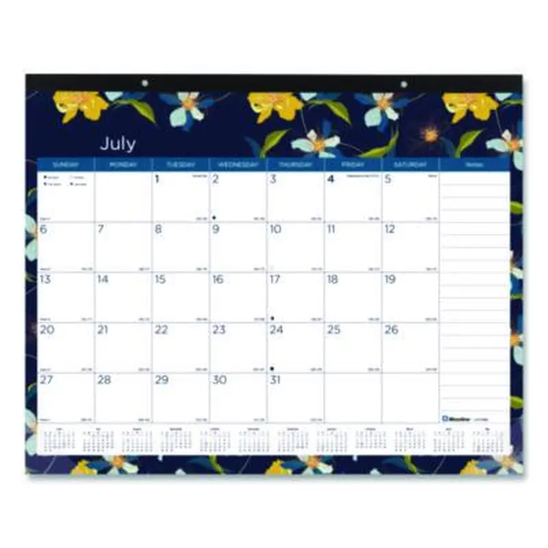 Academic 18-Month Desk Pad Calendar, Floral Artwork, 22 x 17, White/Multicolor Sheets, Black Headband, July 2025 to Dec 2026 - Desk Pad Calendars | Blueline