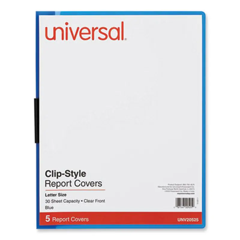 Clip-Style Report Cover, Clip Fastener, 8.5 x 11, Clear/Blue, 5/Pack - Report Covers | Universal