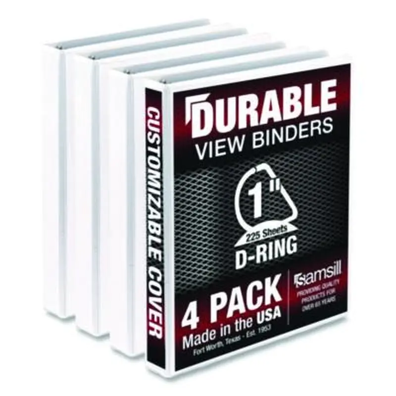 Durable D-Ring View Binders, 3 Rings, 1" Capacity, 11.5" x 8.5", White, 4/Pack - Binders | Samsill
