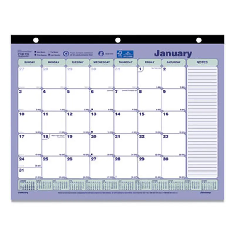 Monthly Desk Pad Calendar, 3-Hole Punched, 11 x 8.5, White/Blue/Green Sheets, Black Binding, 12-Month (Jan to Dec): 2026 - Desk Pad Calendars | Brownline