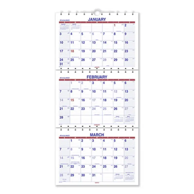 Move-A-Page Three-Month Wall Calendar, 12 x 27, White/Red/Blue Sheets, 15-Month: Dec 2025 to Feb 2027 - Wall Calendars | AT-A-GLANCE