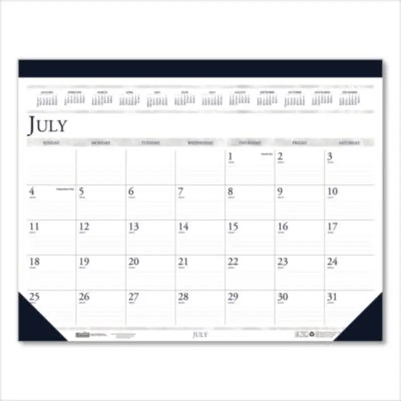 Recycled Academic Desk Pad Calendar, 18.5 x 13, White/Blue Sheets, Blue Binding/Corners, 14-Month: July 2025 to Aug 2026 - Desk Pad Calendars | House of Doolittle