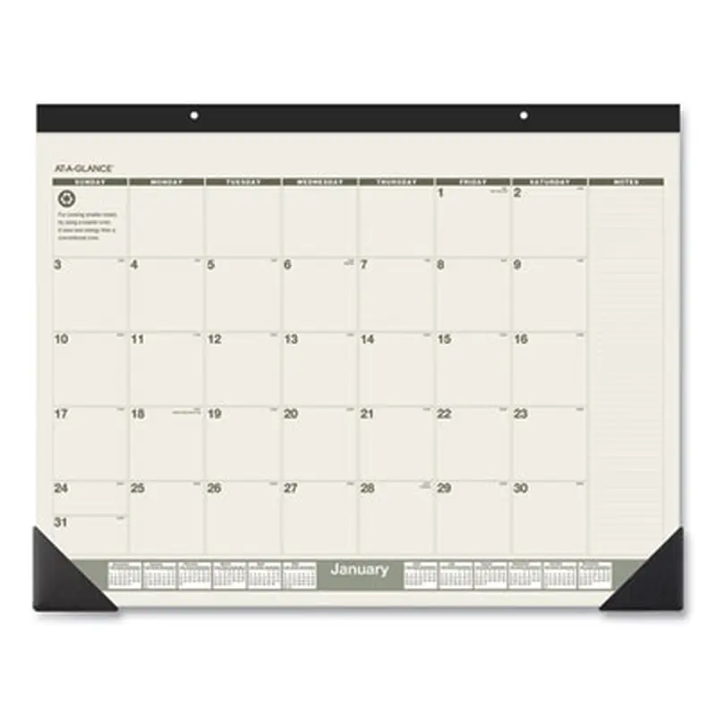 Recycled Monthly Desk Pad, 22 x 17, Sand/Green Sheets, Black Binding, Black Corners, 12-Month (Jan to Dec): 2026 - Desk Pad Calendars | AT-A-GLANCE