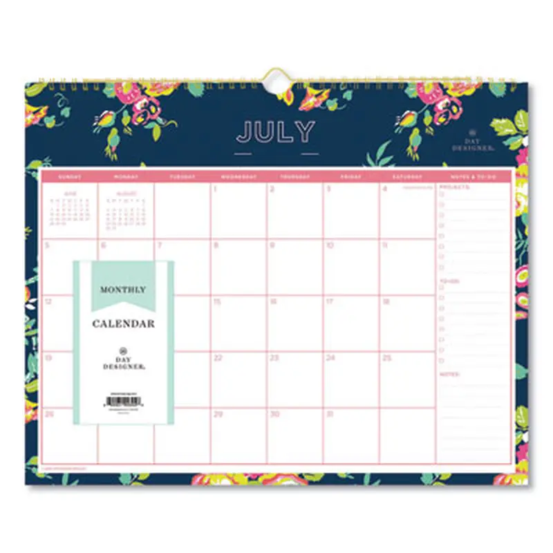 Day Designer Peyton Academic Wall Calendar, Floral Artwork, 15 x 12, White/Navy Sheets, 12-Month (July to June): 2025 to 2026 - Wall Calendars | Blue Sky