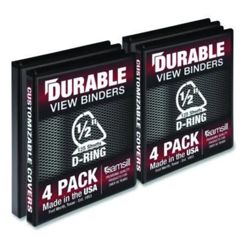 Durable D-Ring View Binders, 3 Rings, 0.5" Capacity, 11.5" x 8.5", Black, 4/Pack - Binders | Samsill