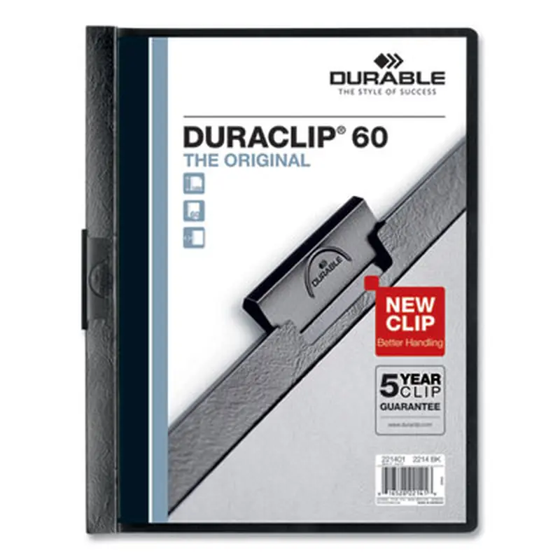 DuraClip Report Cover, Clip Fastener, 8.5 x 11, Holds 60 Sheets, Clear/Black, 25/Box - Report Covers | Durable
