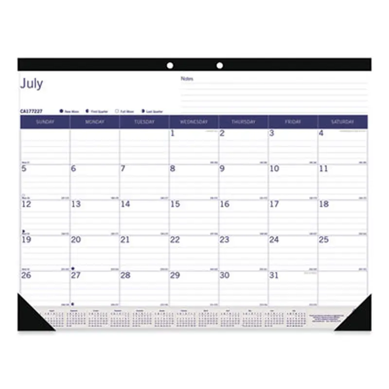 DuraGlobe Academic Desk Pad Calendar, 22 x 17, White/Blue/Gray Sheets, Black Headband, 13-Month: July 2025 to July 2026 - Desk Pad Calendars | Blueline