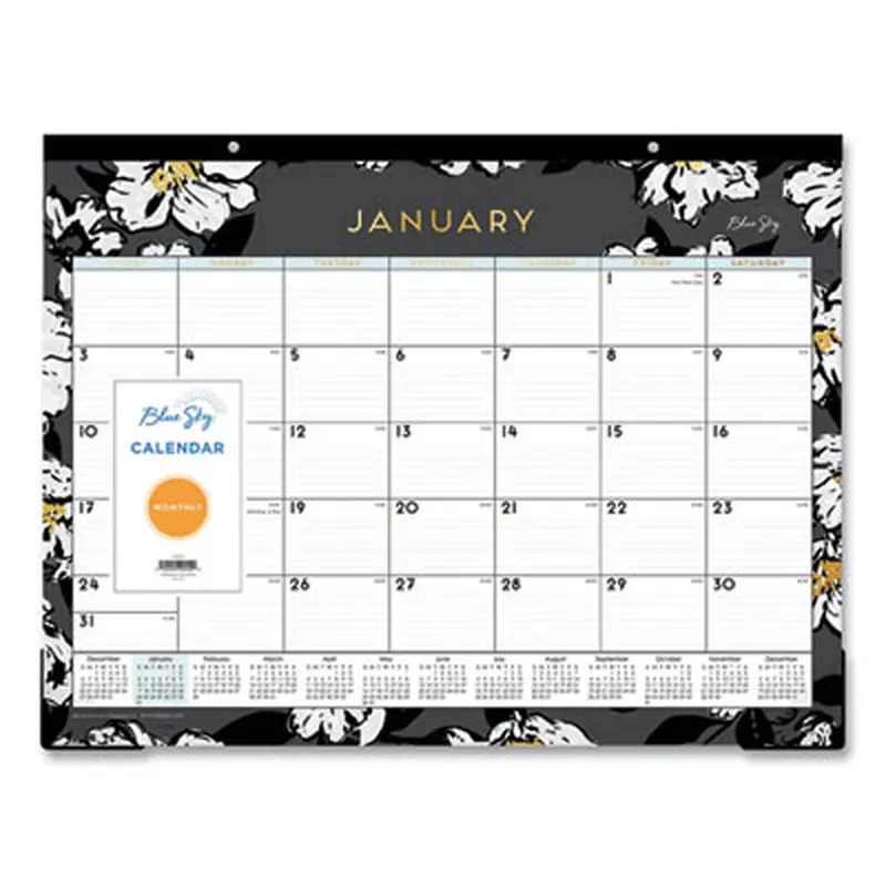 Baccara Dark Desk Pad, Floral Artwork, 22 x 17, White/Black/Gold Sheets, Black Binding, 12-Month (Jan to Dec): 2026 - Desk Pad Calendars | Blue Sky