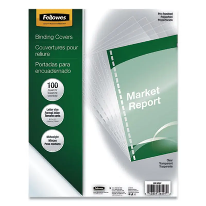 Crystals Presentation Covers for Binding Systems, 19-Hole Punched, Plastic, Square Corners, 11 x 8.5, Gloss Clear, 100/Pack - Binding Systems Covers | Fellowes