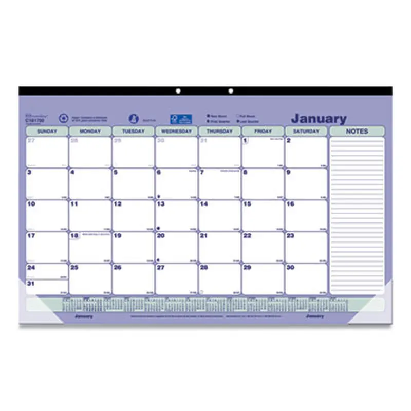 Monthly Desk Pad Calendar, 17.75 x 10.88, White/Blue/Green Sheets, Black Binding, Clear Corners, 12-Month (Jan to Dec): 2026 - Desk Pad Calendars | Brownline
