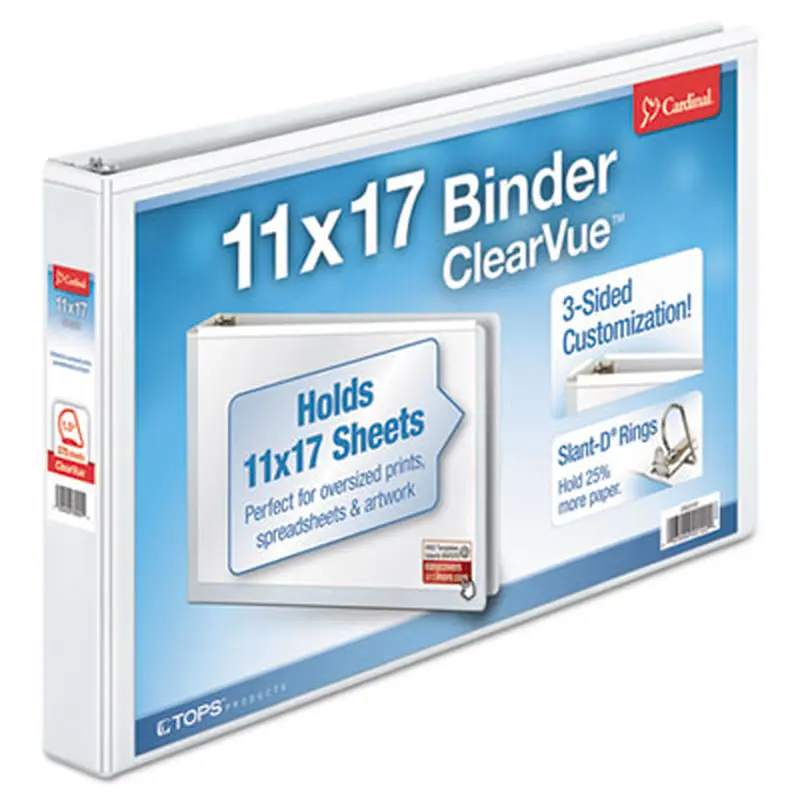 ClearVue Slant-D Ring Binder, 3 Rings, 1.5" Capacity, 11 x 17, White - Binders | Cardinal