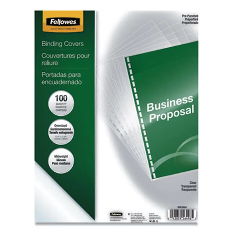 Crystals Presentation Covers for Binding Systems, 19-Hole Punched, Plastic, Round Corners, 11.25 x 8.75, Gloss Clear, 100/PK - Binding Systems Covers | Fellowes