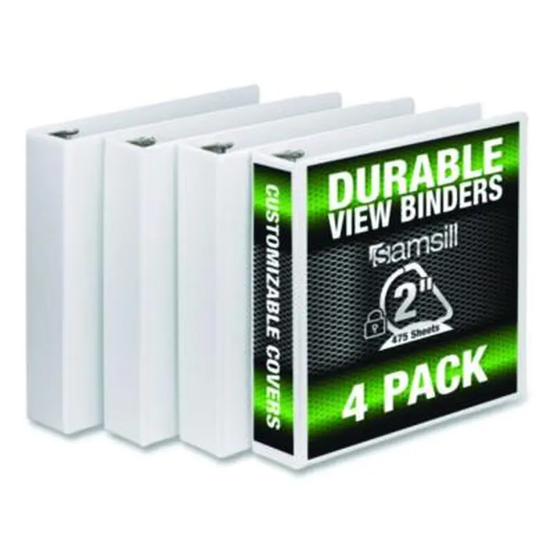 Durable D-Ring View Binders, 3 Rings, 2" Capacity, 11.5" x 8.5", White, 4/Pack - Binders | Samsill