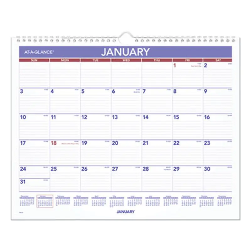 Monthly Wall Calendar, 15 x 12, White/Red/Blue Sheets, 12-Month (Jan to Dec): 2026 - Wall Calendars | AT-A-GLANCE