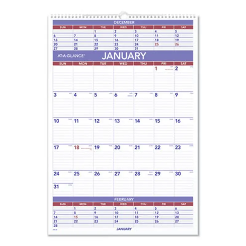 Three-Month Wall Calendar, 15.5 x 22.75, White Sheets, 12-Month (Jan to Dec): 2026 - Wall Calendars | AT-A-GLANCE