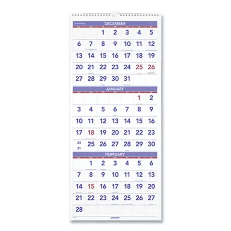 Deluxe Three-Month Reference Wall Calendar, Vertical Orientation, 12 x 27, White Sheets, 14-Month: Dec 2025 to Jan 2027 - Wall Calendars | AT-A-GLANCE