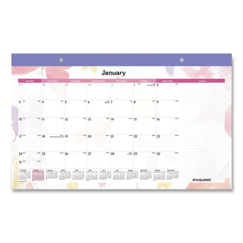 Watercolors Monthly Desk Pad Calendar, Butterfly Artwork, 17.75 x 11, White Sheets, Purple Binding, 12-Month (Jan-Dec): 2026 - Desk Pad Calendars | AT-A-GLANCE