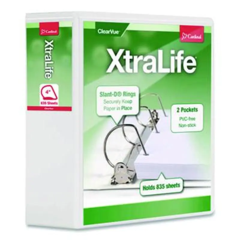 XtraLife ClearVue Non-Stick Slant-D Ring Binder, 3 Rings, 4" Capacity, 11 x 8.5, White - Binders | Cardinal