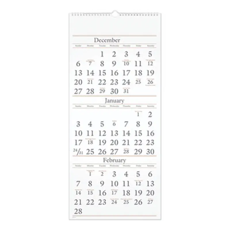 Three-Month Reference Wall Calendar, 12 x 27, White Sheets, 14-Month: Dec 2025 to Feb 2027 - Wall Calendars | AT-A-GLANCE