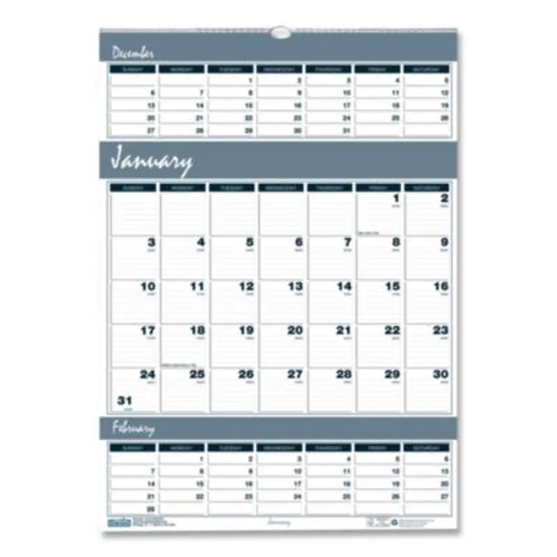 Bar Harbor Recycled Wirebound 3-Months-per-Page Wall Calendar, 12 x 17, White/Blue/Gray, 14-Month: Dec 2025 to Jan 2027 - Wall Calendars | House of Doolittle