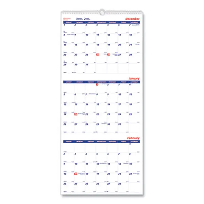 Three-Month Wall Calendar, 12.25" x 27", White/Blue Sheets, 14-Month: Dec 2025 to Jan 2027 - Wall Calendars | Brownline